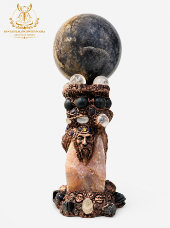 Black Moonstone Sphere Wizard on Rose Quartz Point